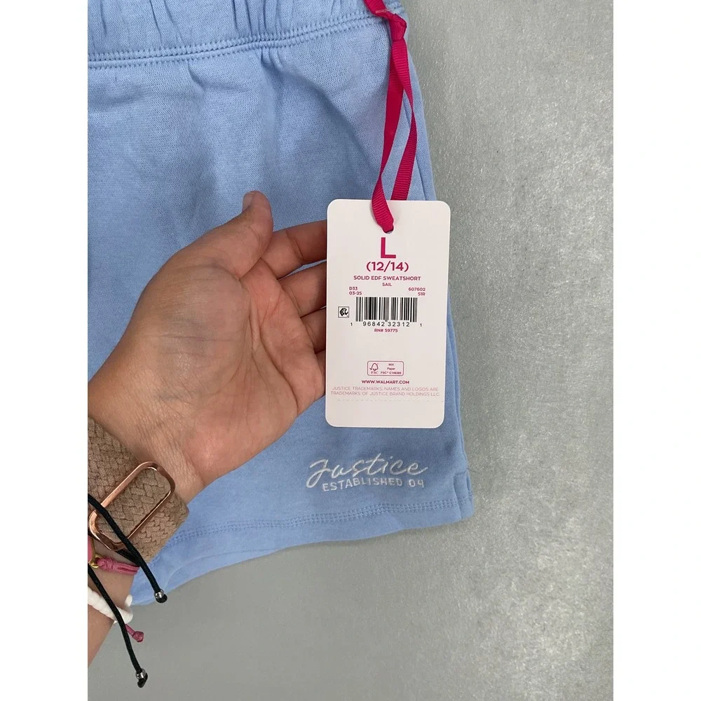 Justice Girls Sweatshorts Sail Blue Fleece Elastic Waist Logo L 12/14